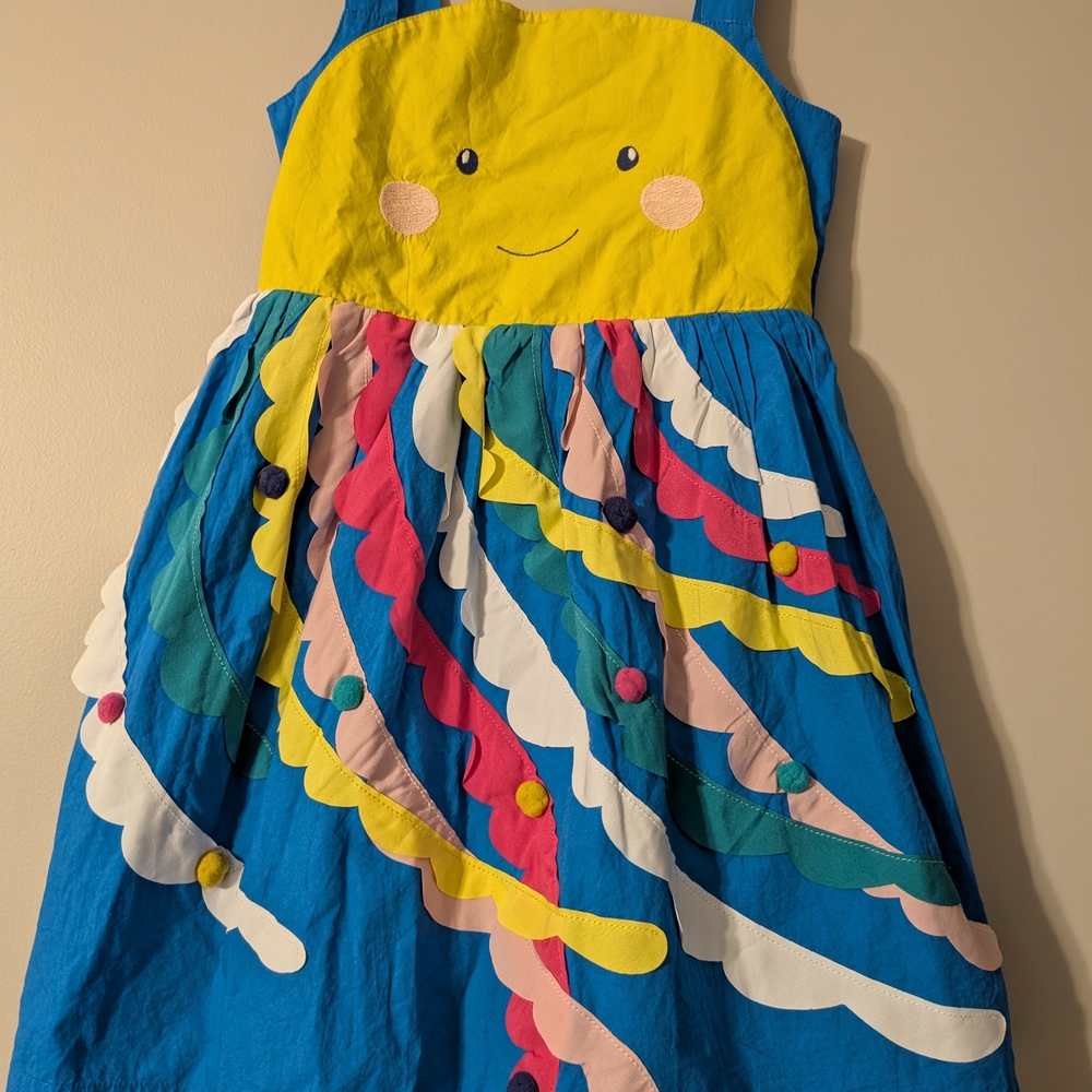 Mini Boden Blue and Yellow Kids Dress with Smiley Design